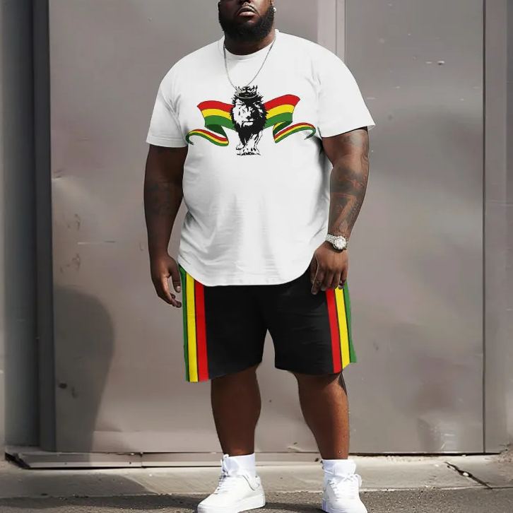 Contrast Reggae Lion Print Men's Plus Size T-shirt Set