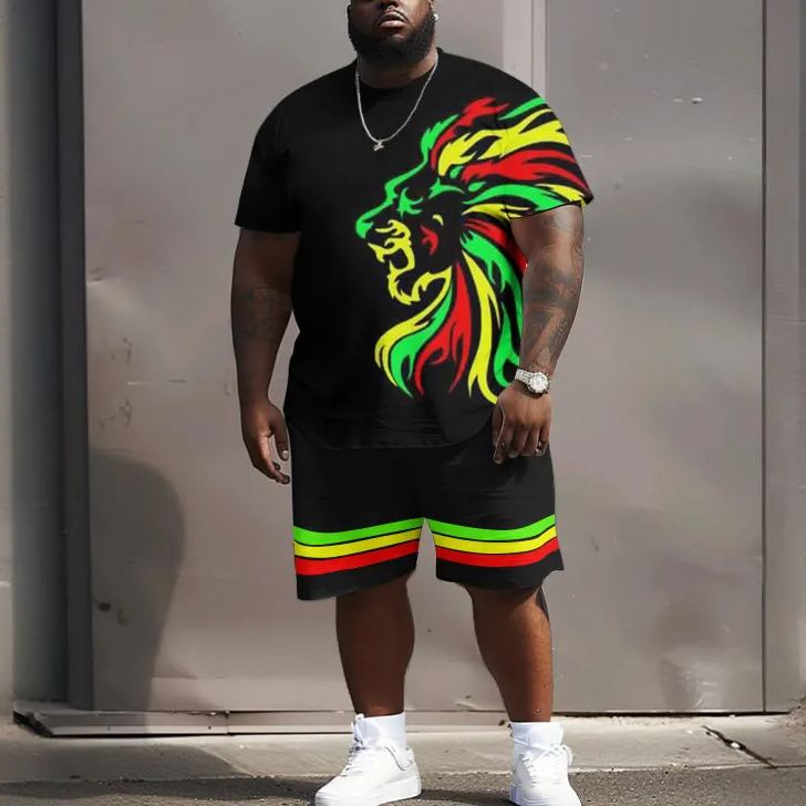 Contrast Lion Print Men's Plus Size T-shirt Set