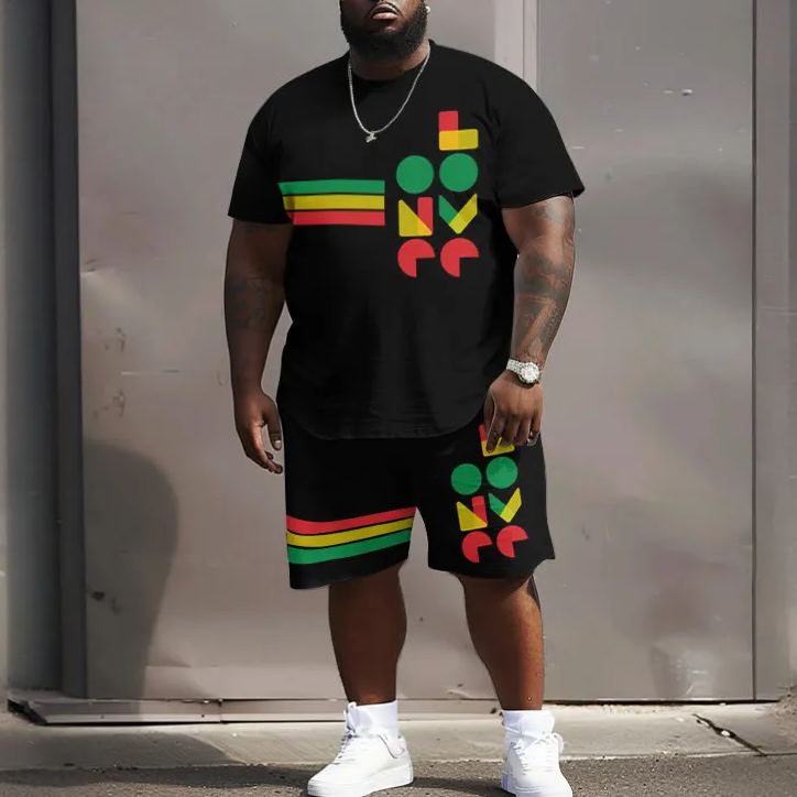 Men's Contrasting Geometric One Love Print Plus Size T-shirt Set