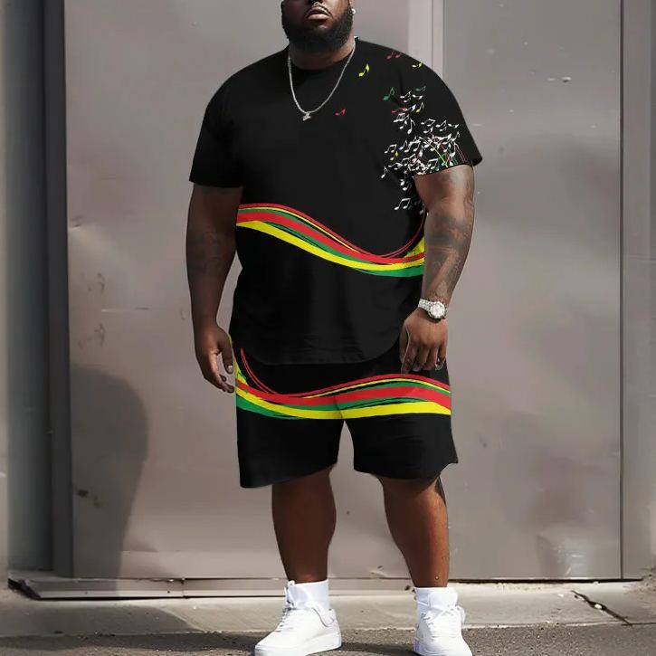 Men's Contrast Color Wave Musical Note Print Plus Size T-shirt Set