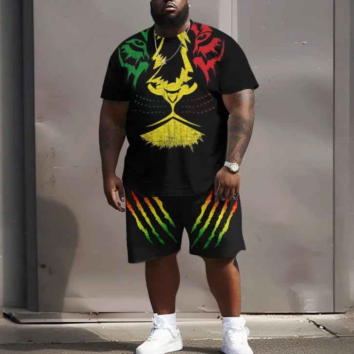 Men's Contrast Lion Paw Print Plus Size T-shirt Set