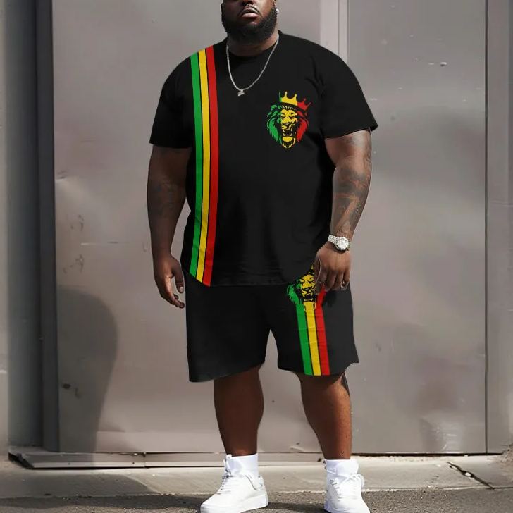 Men's Contrast Crown Lion Print Plus Size T-shirt Set