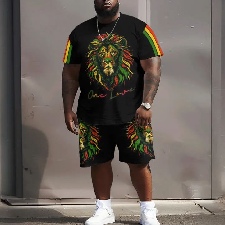Men's Contrast Color One Love Lion Print Plus Size T-shirt Set