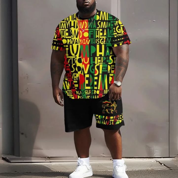 Men's Contrast Color One Love Song Print Plus Size T-shirt Set