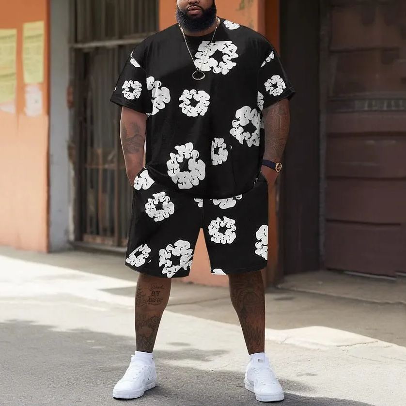 Men's Plus Size Classic White Plum Blossom T-Shirt Shorts Set