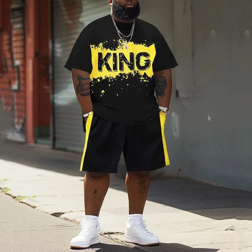 Men's Plus Size Watercolor King Print T-Shirt Shorts Set
