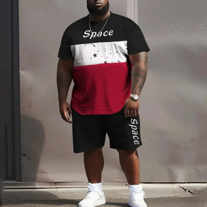 Men's Plus Size Space Fashion Contrast Color T-Shirt Shorts Set