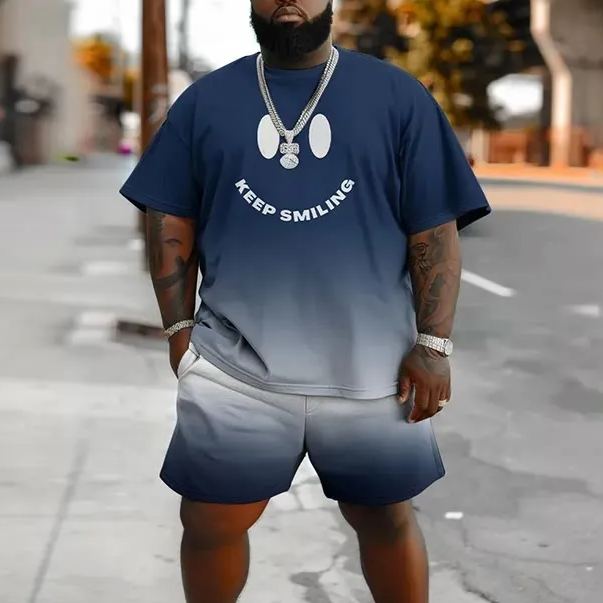 Men's Plus Size Keep Smiling Gradient Print Fashion T-Shirt and Shorts Set