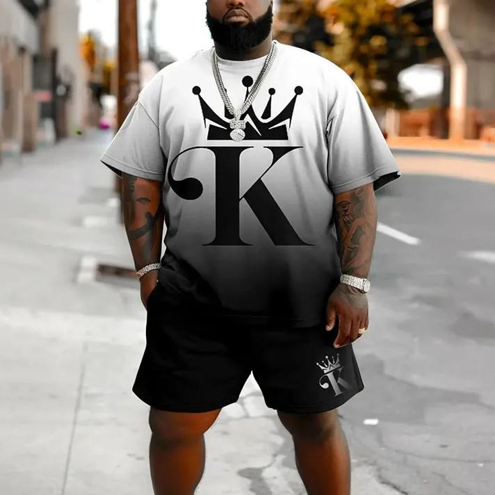 Men's Plus Size I Am Big King Gradient Print Fashion T-Shirt and Shorts Set