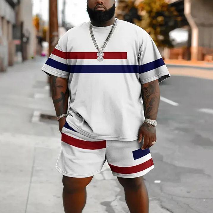 Men's Plus Size Stripe Contrast Print Fashion T-Shirt and Shorts Set