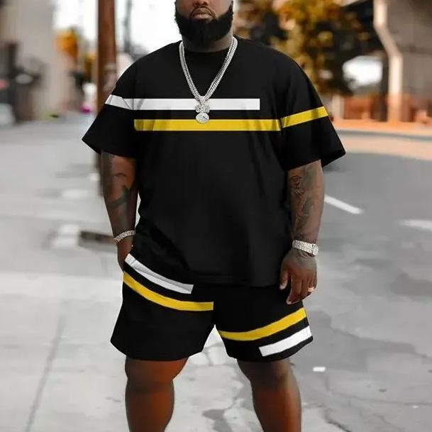 Men's Plus Size Casual Contrast Stripes Print Fashion T-Shirt and Shorts Two Piece Set