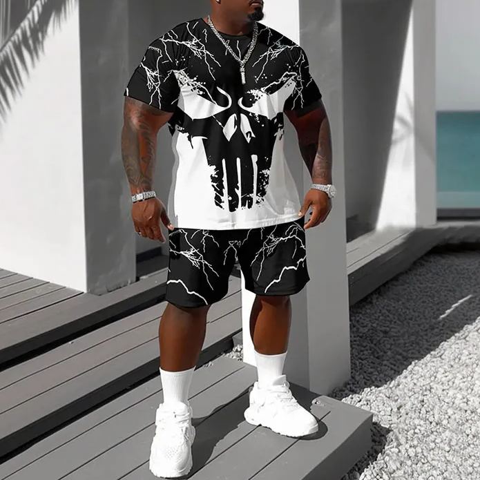 Men's Plus Size Punish Skull Contrast Color Graphic Printed T-Shirt Shorts Set