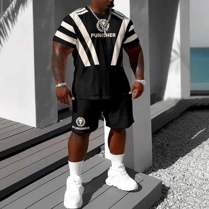 Men's Plus Size Punish Skull Stripe Graphic Printed T-Shirt Shorts Set