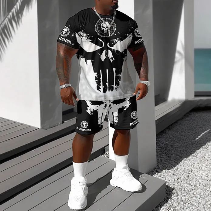 Men's Plus Size Punish Skull Contrasting Colors Graphic Printed T-Shirt Shorts Set