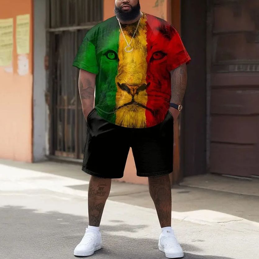 Street Red Green Yellow Block Lion Print Large Men's Set