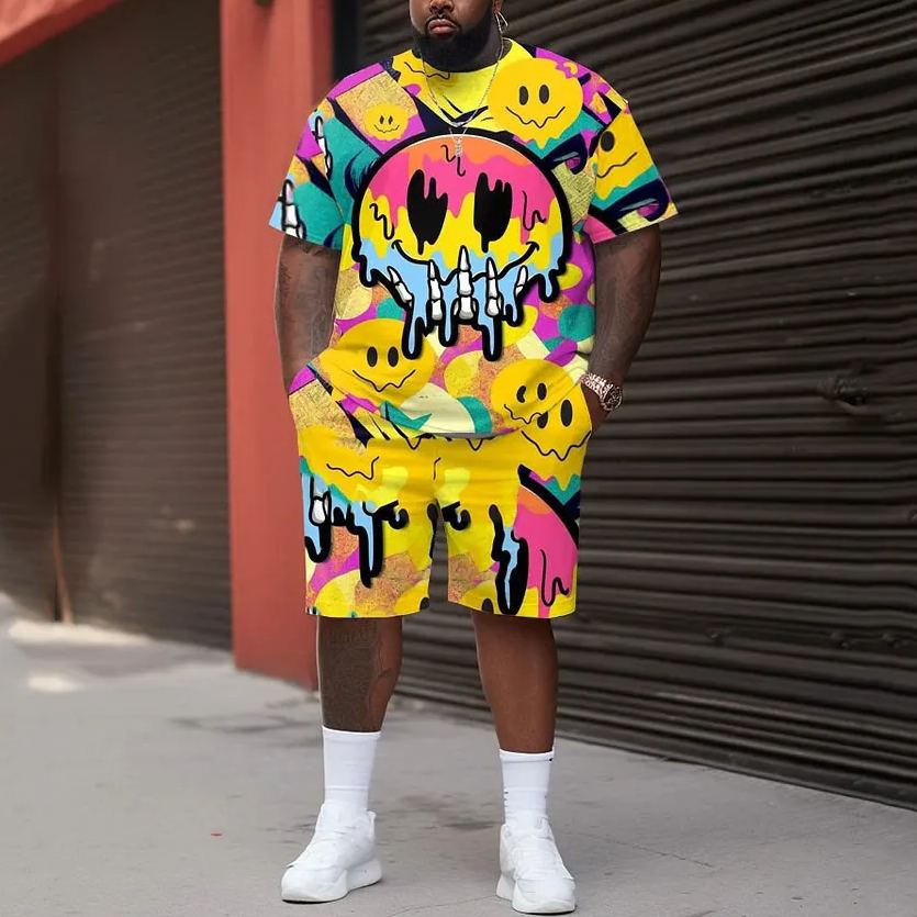 Men's Large Size Smiling Face Street Cartoon Color Block Graffiti Short Sleeve Shorts Set