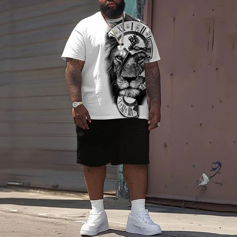 Men's Plus Size Street Casual Clock Lion Print T-Shirt Shorts Set