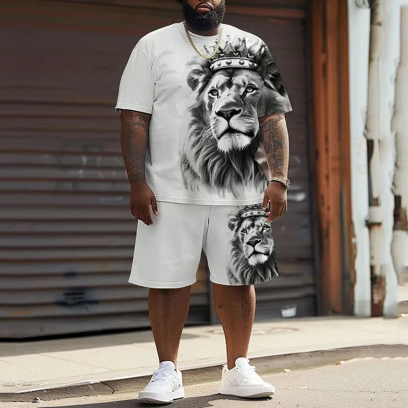 Men's Plus Size Street Casual Lion King Print T-Shirt Shorts Set
