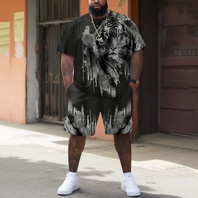Men's Plus Size Street Casual Black And White Art Tiger Print T-Shirt Shorts Set