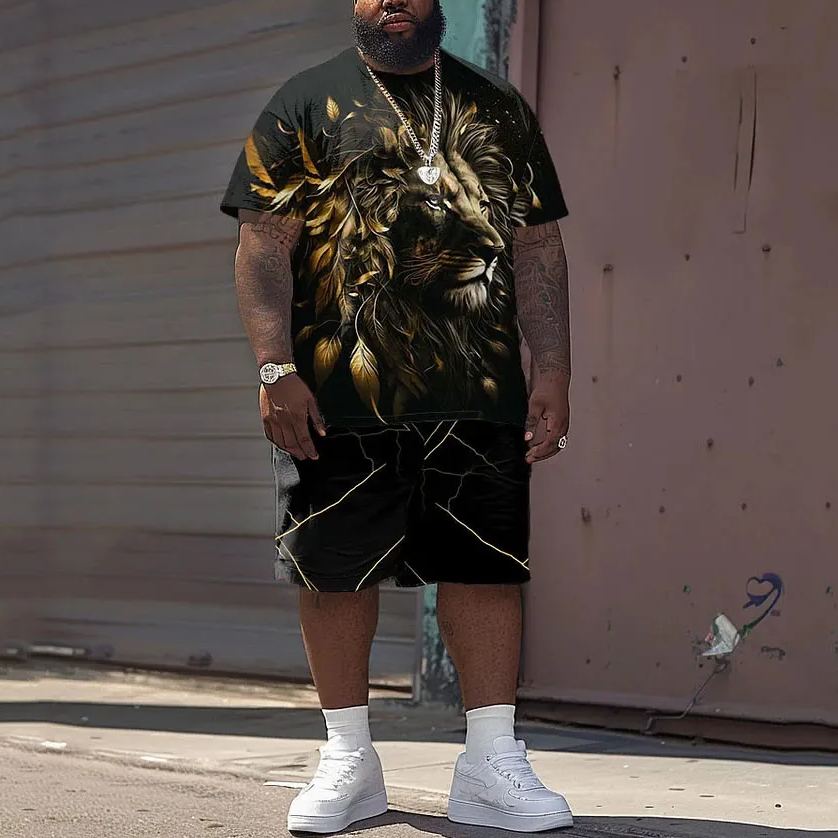 Men's Plus Size Street Casual Golden Painting Lion Print T-Shirt Shorts Set