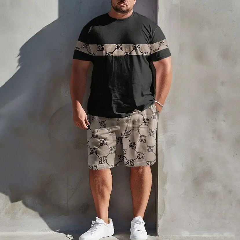 Men's Plus Size Simple Letter Stitching T-Shirt Shorts Set