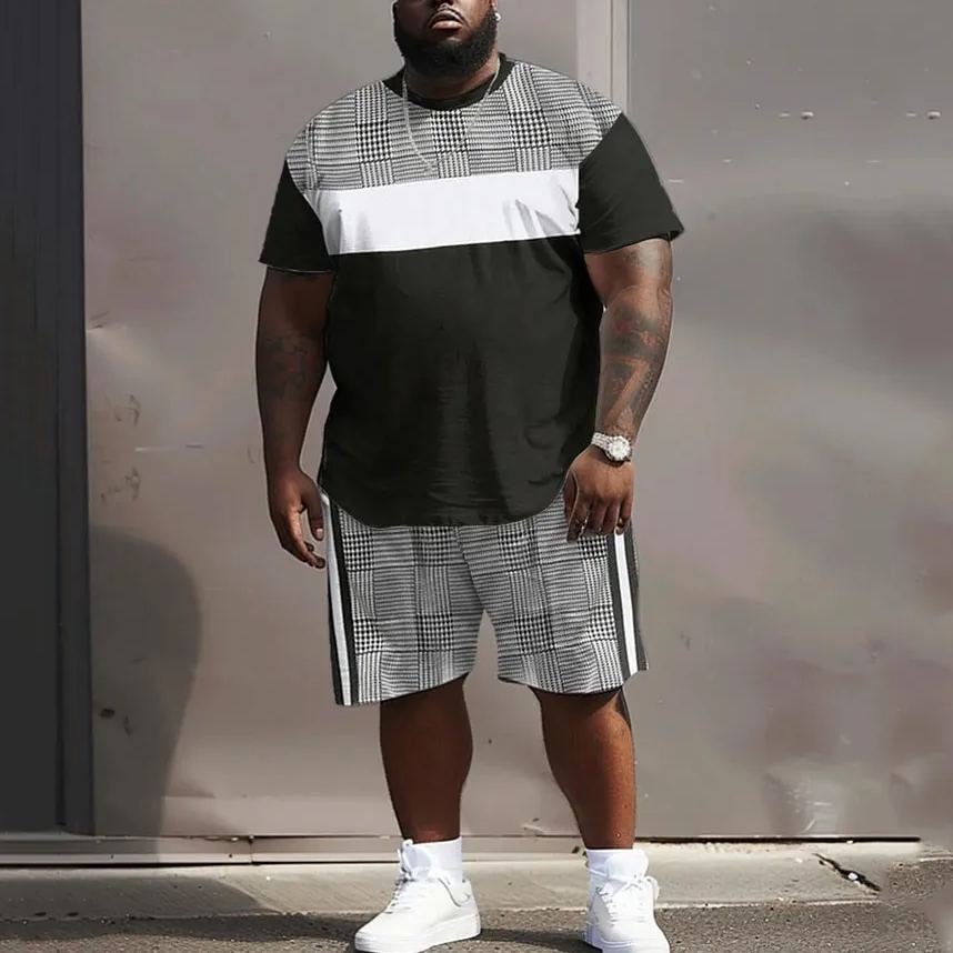 Street Casual Black And White Colorblock Plaid Print Large Men's Set