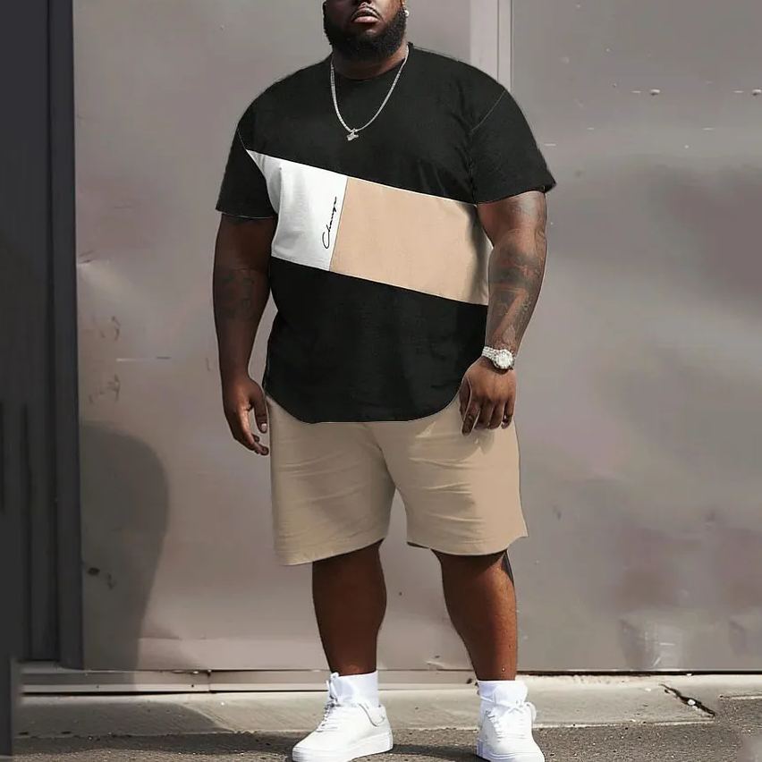 Men's Plus Size Casual Simple Color Block Printed T-shirt Shorts Set