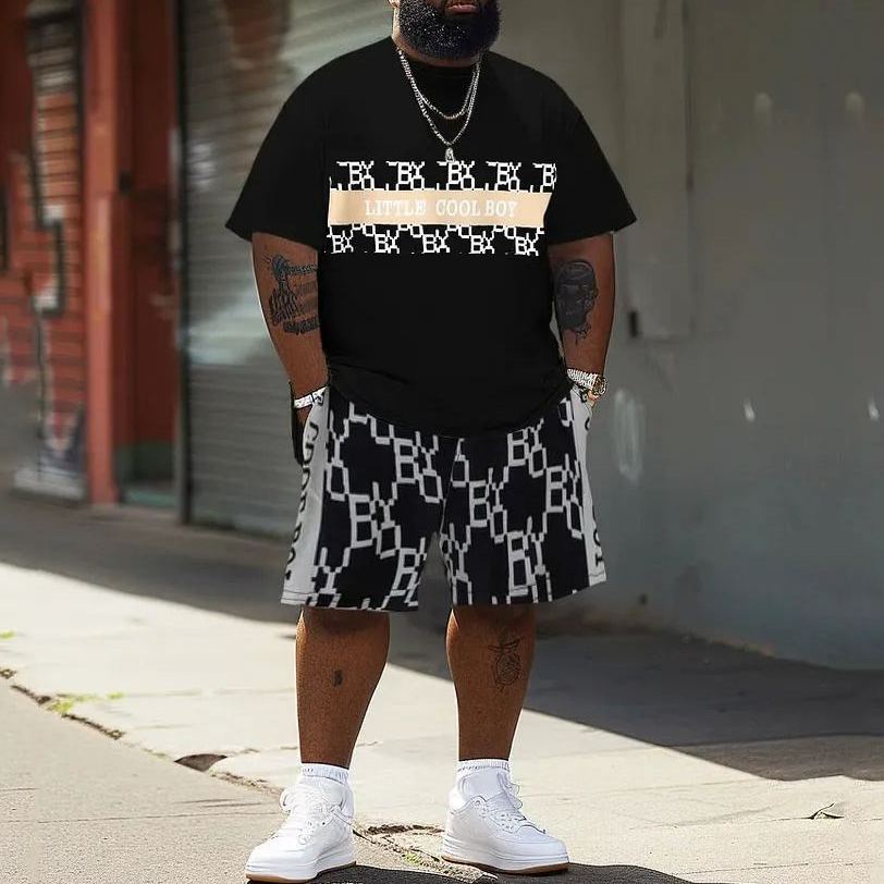 Men's Plus Size Letter Stripe Stitching T-Shirt Shorts Set