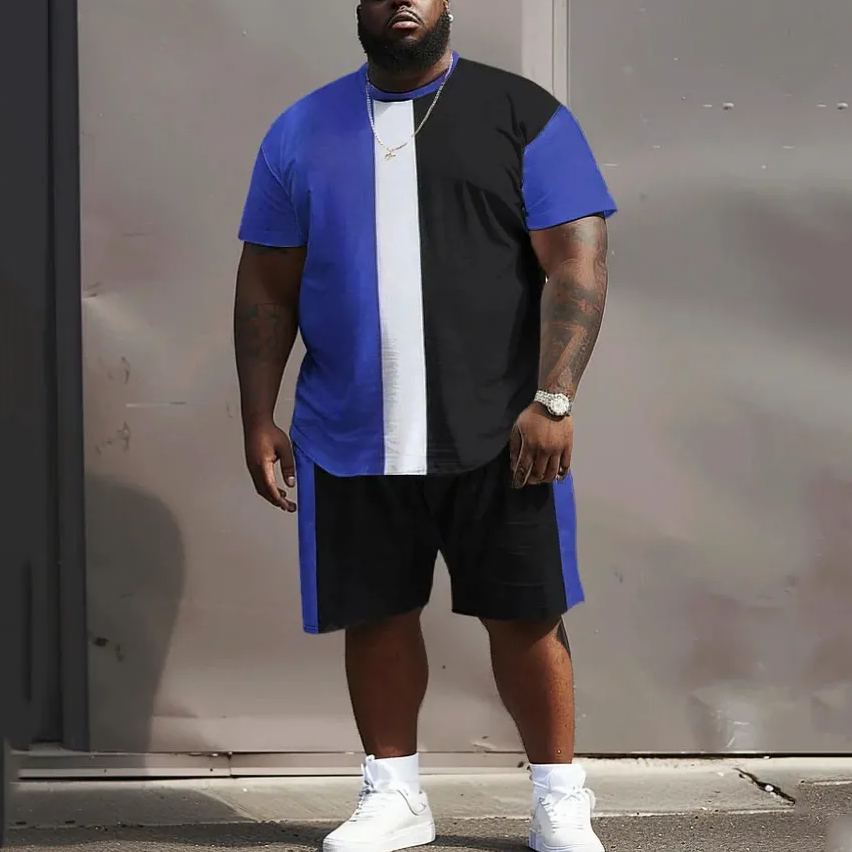 Men's Plus Size Blue Black and White Vertical Stripes T-Shirt Shorts Set