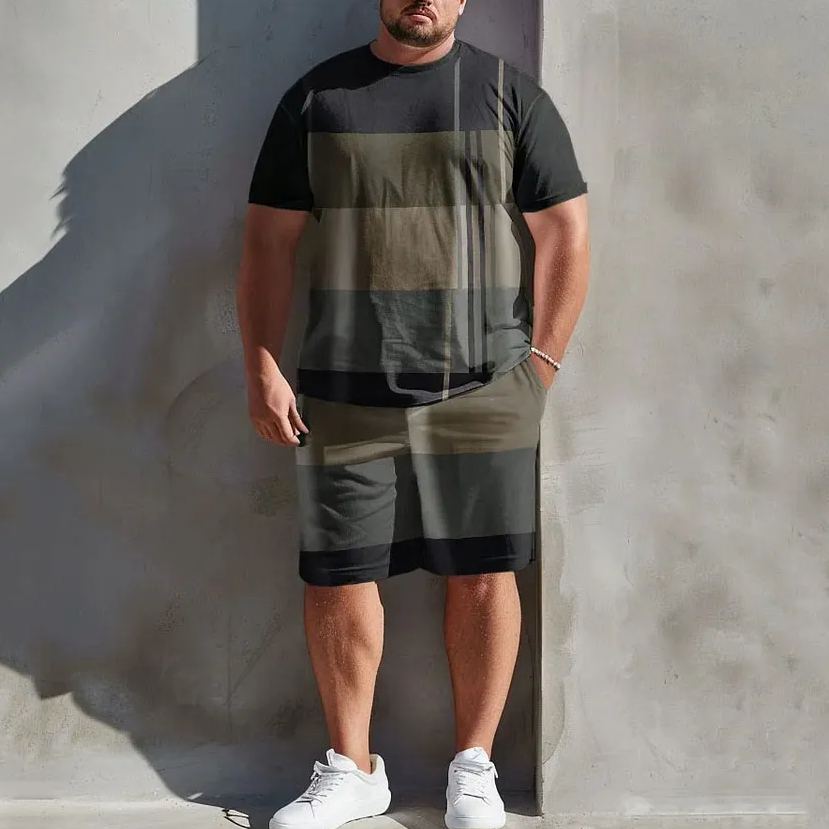 Men's Plus Size Earth Tone Stripe Print T-Shirt Shorts Set