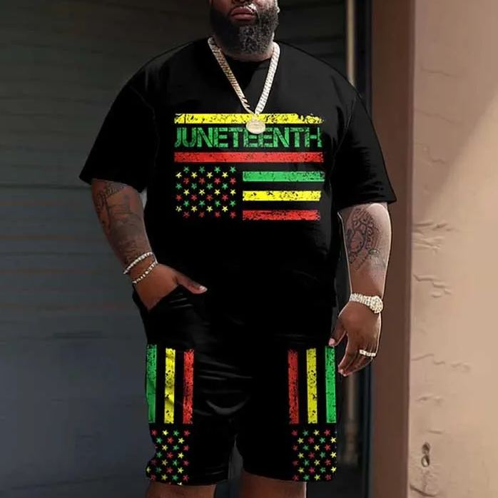 Men's Plus Size Juneteenth Black History Month Flag Print T-shirt Shorts Set