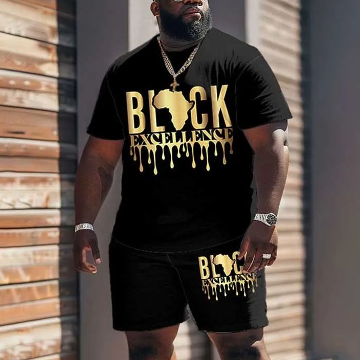 Men's Plus Size Black Excellence Print T-shirt Shorts Set