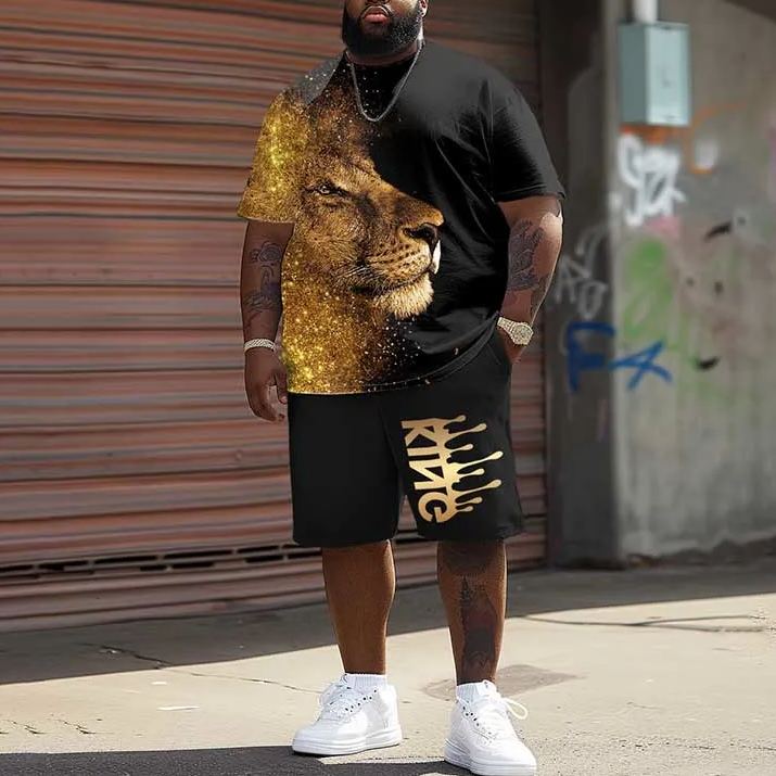 Men's Plus Size Black Lion King Print T-shirt Shorts Set
