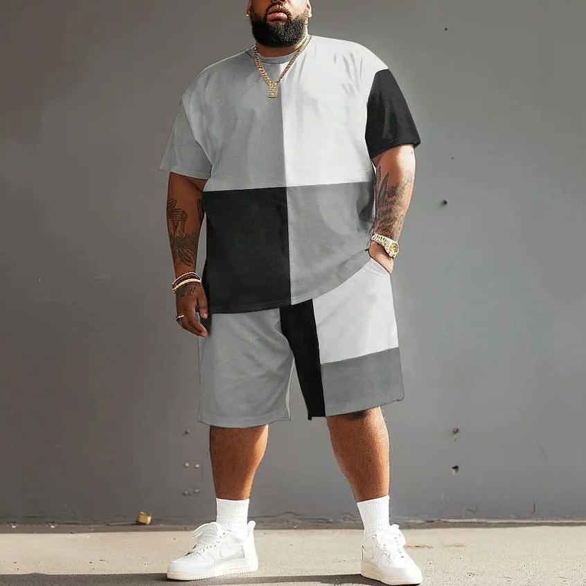 Men's Plus Size Casual Simple Color-block Printed T-shirt Shorts Set