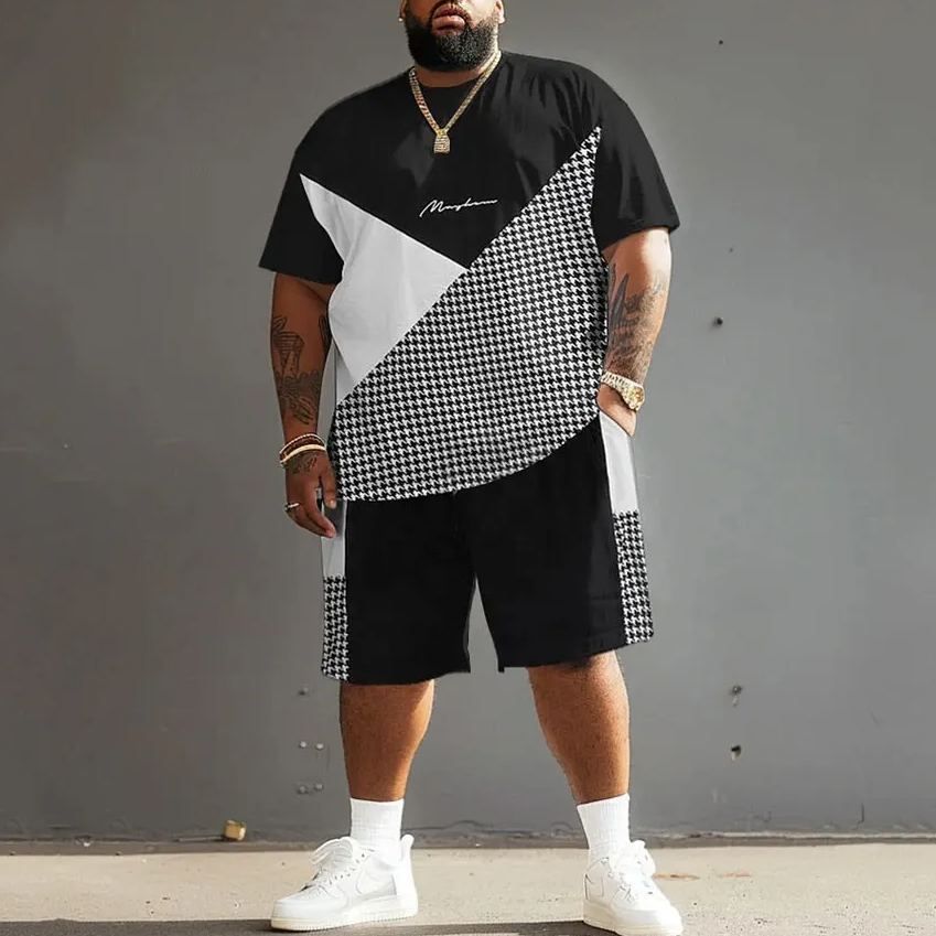 Street Casual Black And White Gray Houndstooth Print Large Men's Set