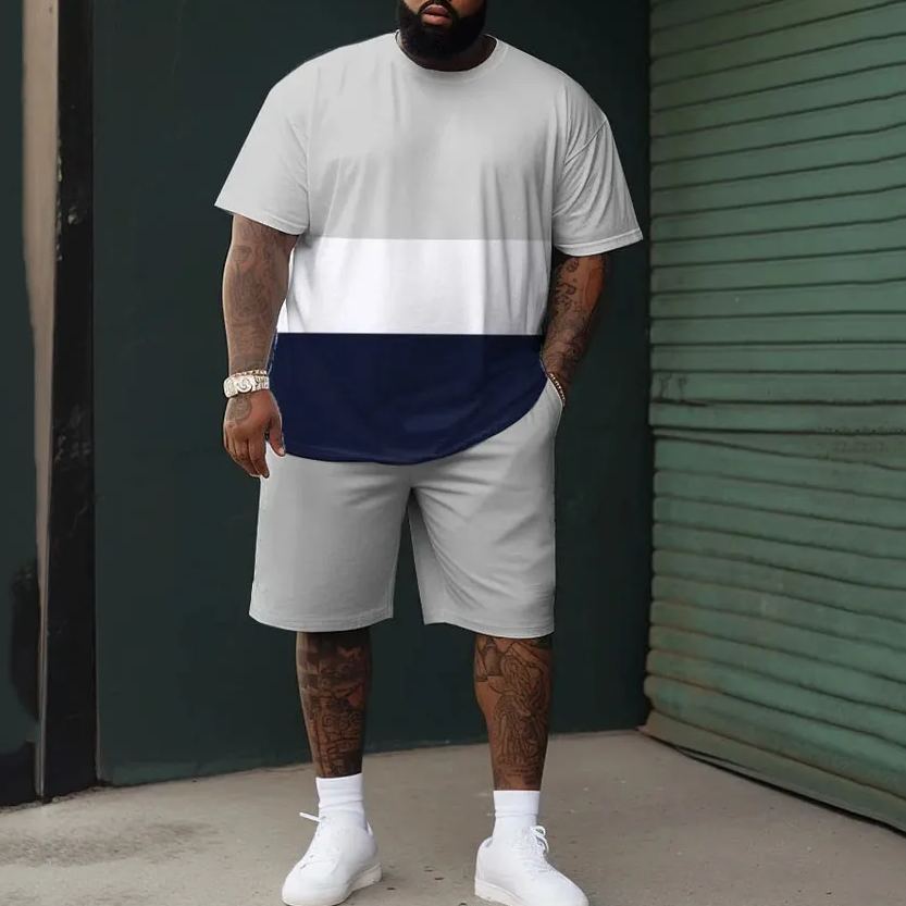 Men's Large Size Street Cartoon Color Block Color Graffiti Short Sleeve Shorts Set