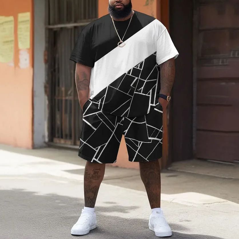 Street Casual Simple Geometric Patchwork Printed Large Men's Set