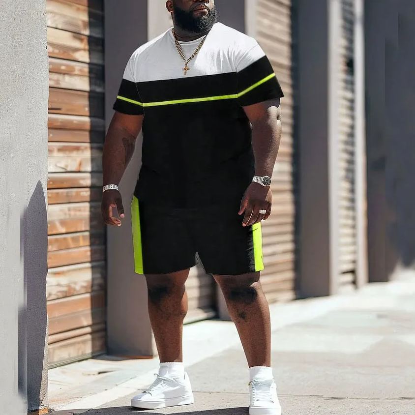 Street Casual Colorblock Striped Print Large Men's Set