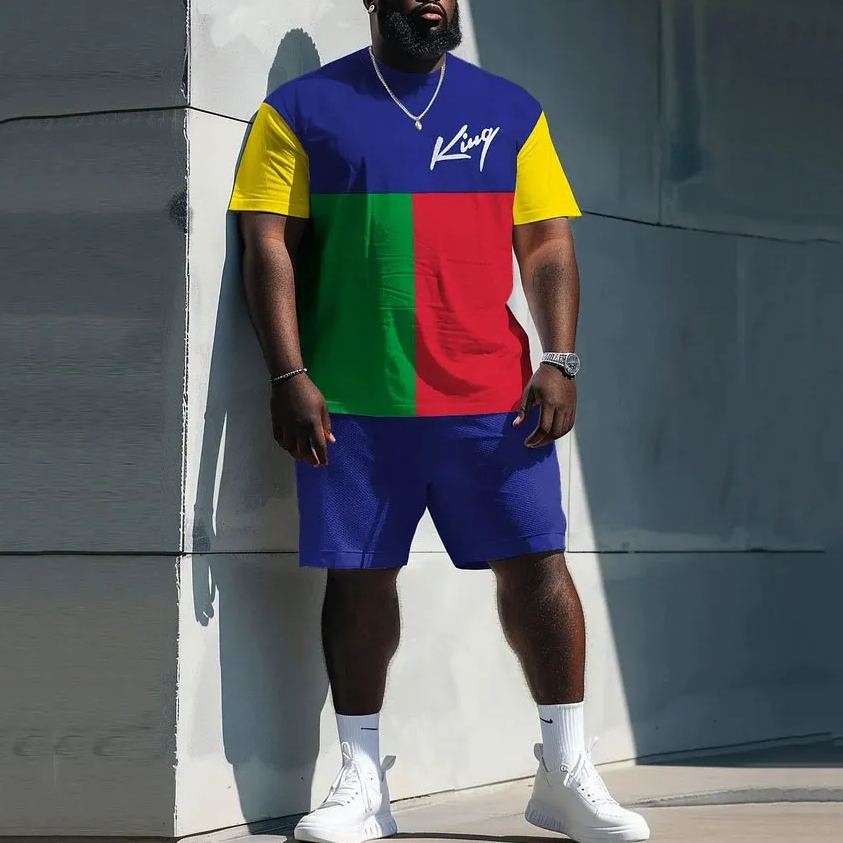 Street Casual Color Block Contrast King Letter Print Large Men's Set
