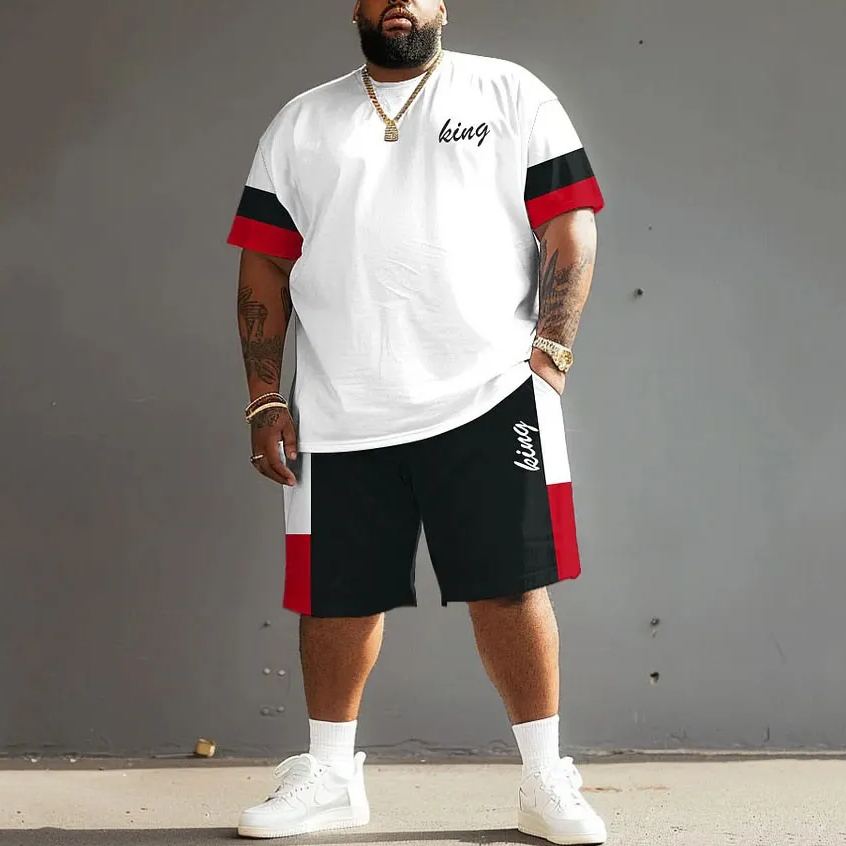 Men's Plus Size Casual Simple Red And Black Colorblock King Printed T-Shirt Shorts Set