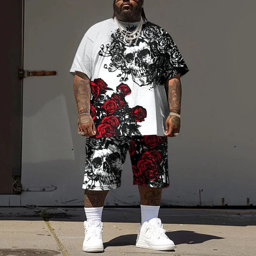 Men's Plus Size Street Casual Skull Rose Print T-Shirt Shorts Set