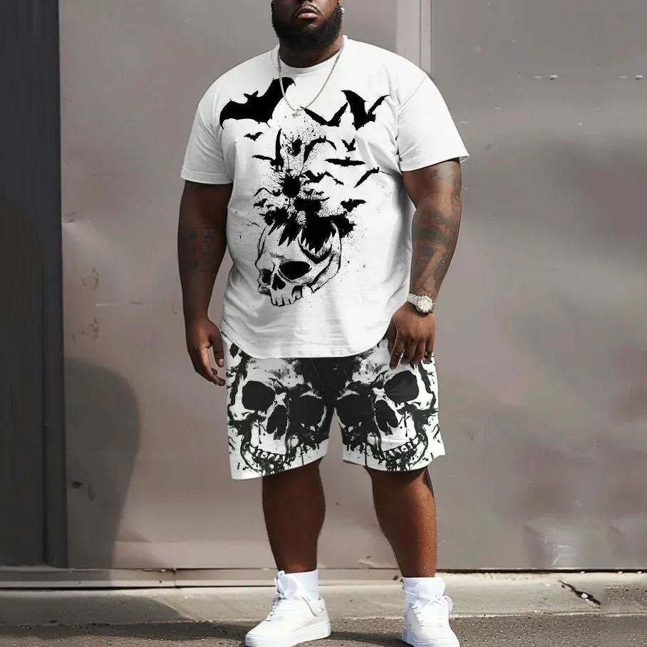 Men's Plus Size Street Casual Skull Bat Print T-Shirt Shorts Set
