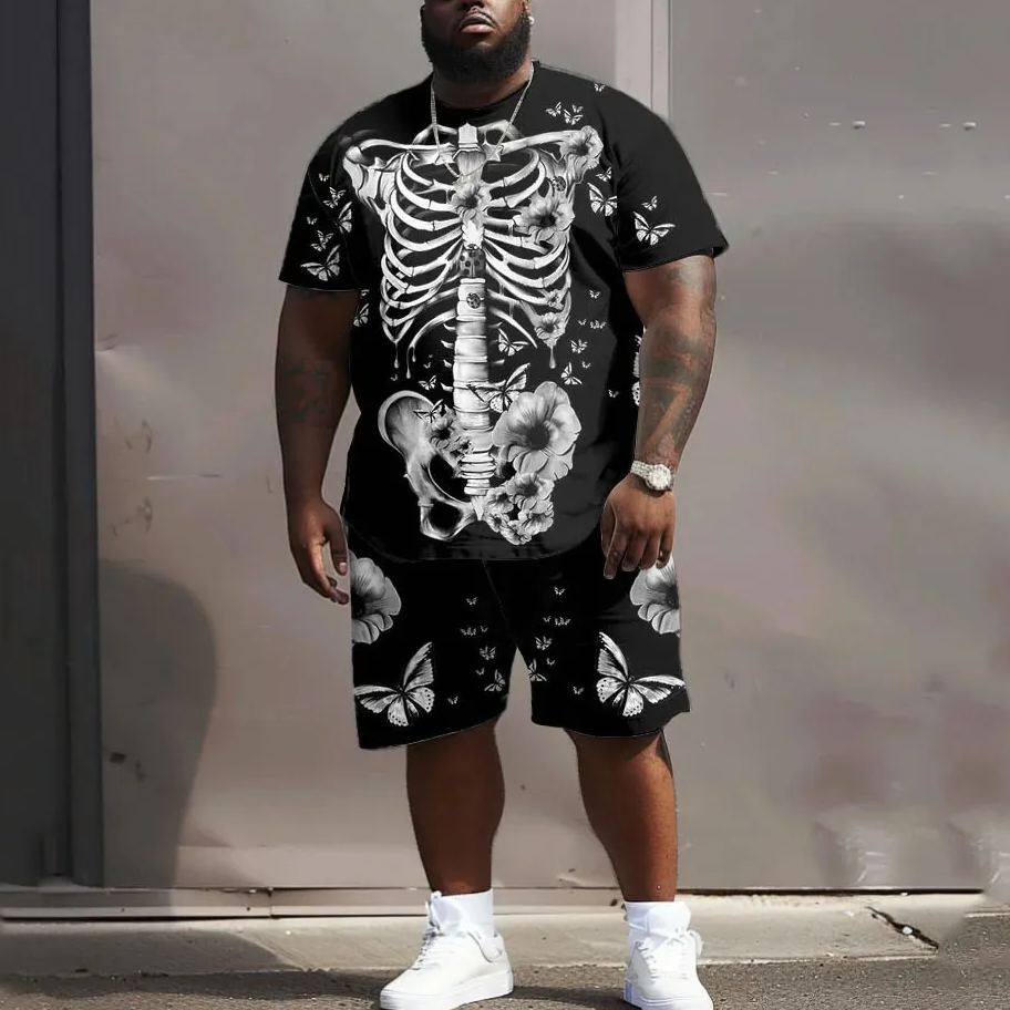 Men's Plus Size Street Casual Skull Floral Butterfly Print T-Shirt Shorts Set