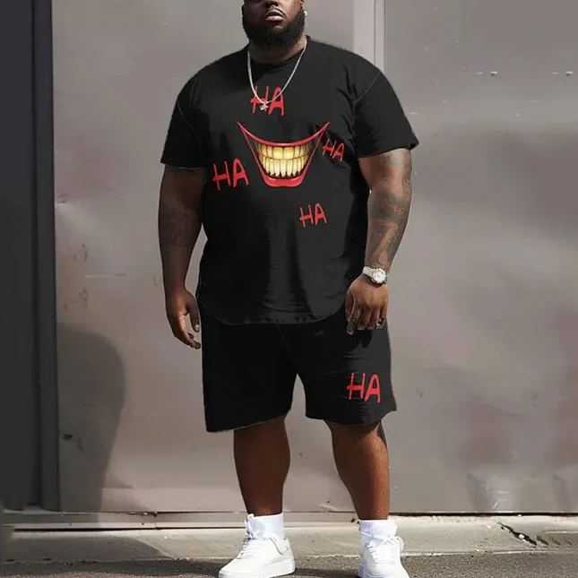 Men's Plus Size Street Casual Funny Mouth HA Printed T-Shirt Shorts Set