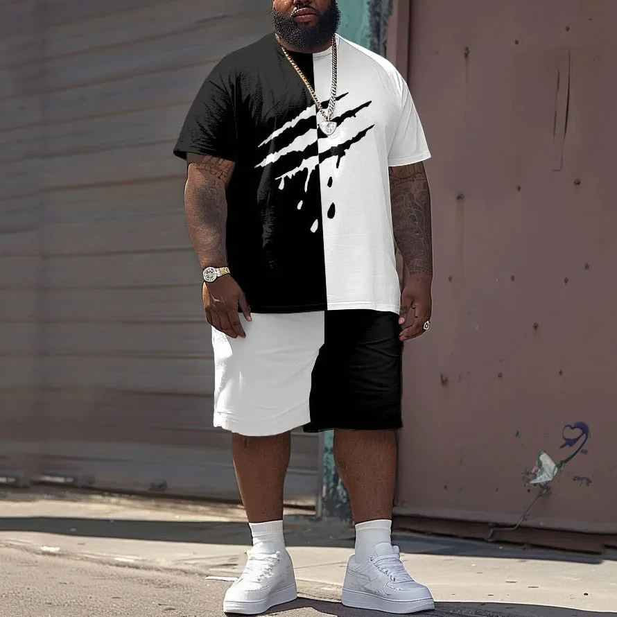 Men's Plus Size Street Casual Scratch Colorblock Print T-Shirt Shorts Set