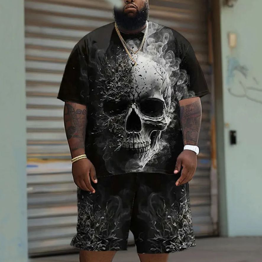Men's Plus Size Casual Smoke Skull Print T-Shirt Shorts Set