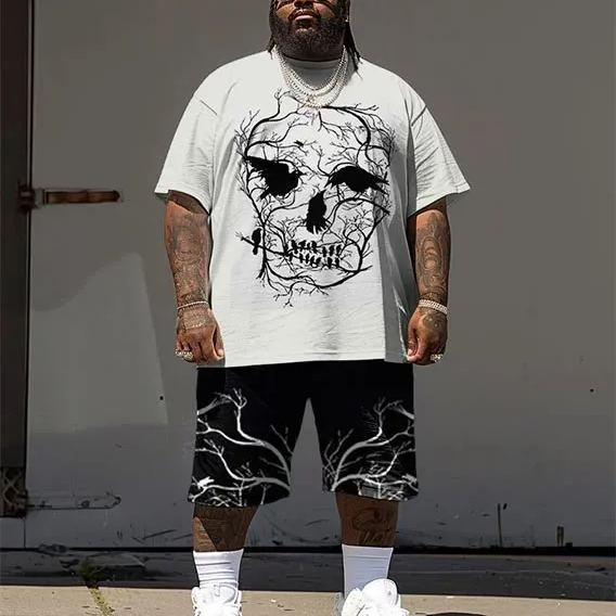 Men's Plus Size Street Hip Hop Branch Skull Crow Print T-Shirt Shorts Set