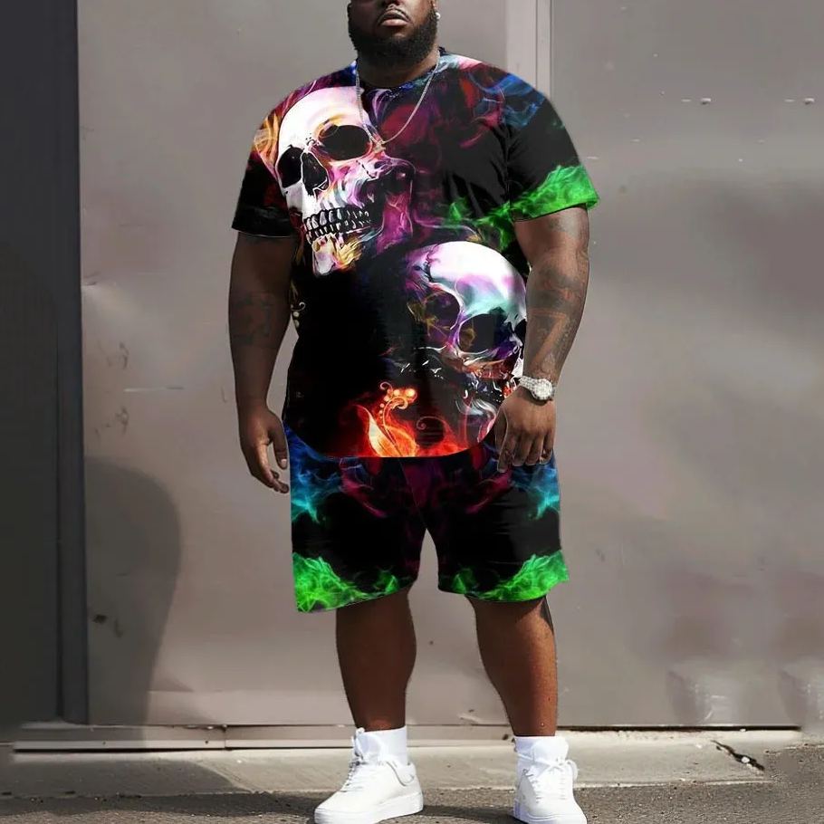 Men's Plus Size Street Hip Hop Branch Skull Crow Print T-Shirt Shorts Set