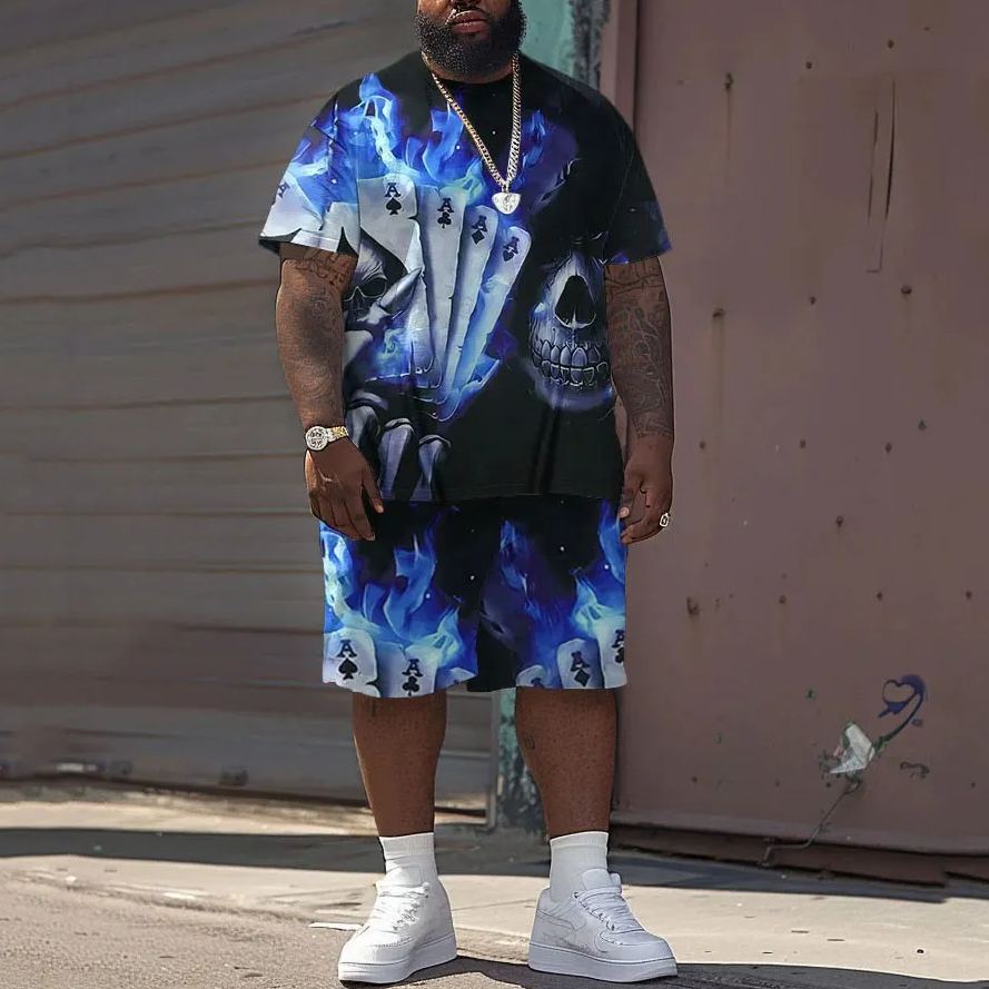 Men's Plus Size Street Casual Skull Poker Print T-Shirt Shorts Set
