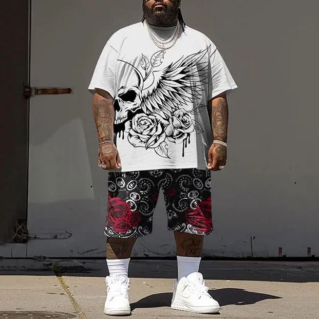 Men's Plus Size Street Hip Hop Rose Wings Skull Print T-Shirt Shorts Set
